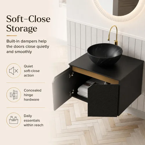 Vista 5 de Vanidad de baño flotante de 24 pulgadas con fregadero, gabinete estriado Fregadero de cerámica negro + negro