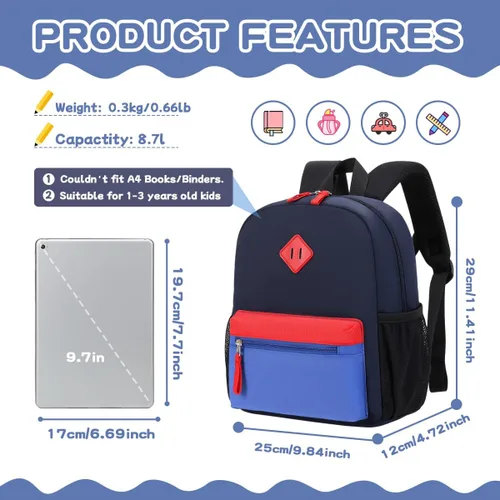 Vista 2 de BEEXS Mochila para niños pequeños, mochila preescolar para niños y niñas, mochila pequeña para jardín de infantes para 1-3 años, azul, azul marino