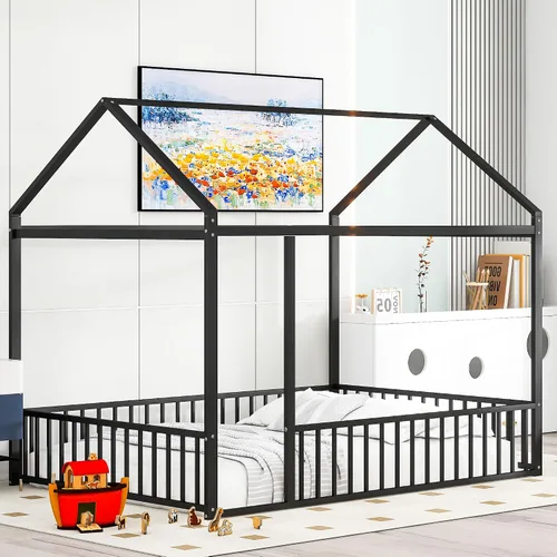 Vista 20 de Cama juguetona en forma de casa de tamaño matrimonial con estantes y luces, marco de cama de metal con techo para niños, adolescentes y adultos, un