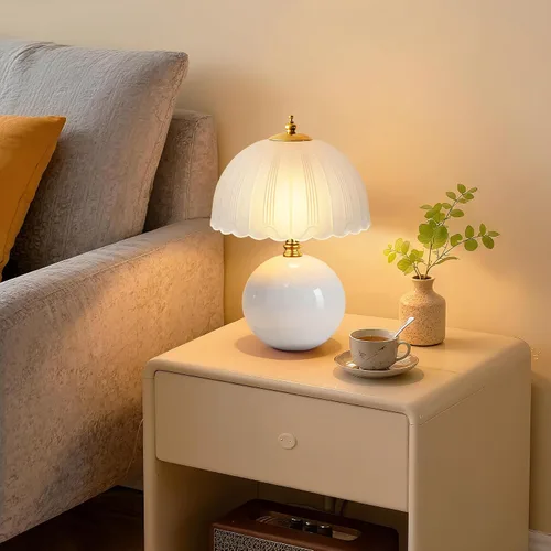 Vista 6 de PARTPHONER - Lámpara de mesa de hongo, lámpara de mesita de cerámica con pantalla de vidrio, iluminación de 3 vías (2700K-5000K) con interruptor
