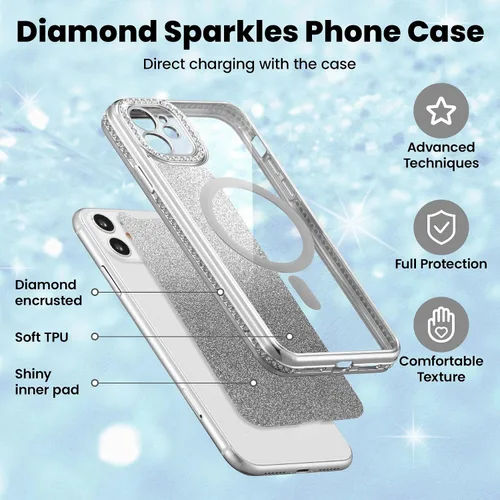 Vista 2 de ZCDAYE Funda con purpurina para iPhone 11 con decoración de diamantes, funda brillante de lujo con protector de cámara compatible con carga sin