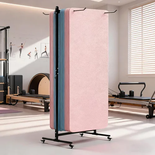 Vista 8 de Soporte para tapete de yoga colgante, carrito de esterilla de yoga rodante, estante de almacenamiento de gran capacidad, con perforador, estante