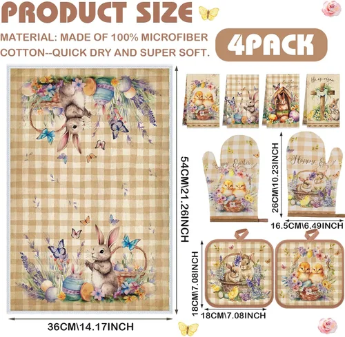 Vista 2 de VitalCozy Juego de 8 toallas de cocina de Pascua, guantes de horno y soporte para ollas, toallas de cocina florales de Pascua, toalla de cocina