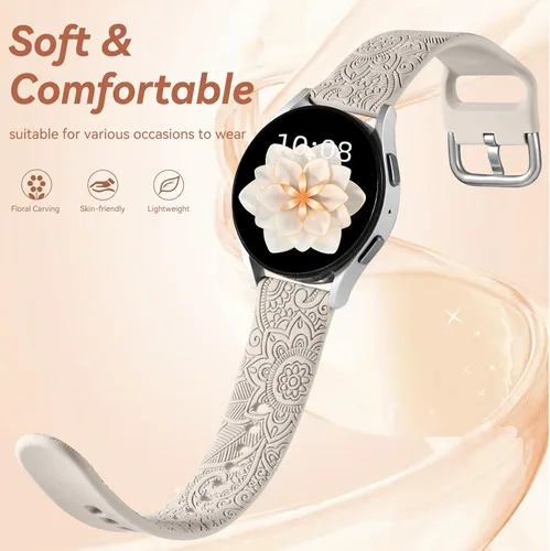 Vista 3 de Bandas grabadas florales para Galaxy Watch 7/6/4/5/5 Pro/4 6 Classic/Active Beige