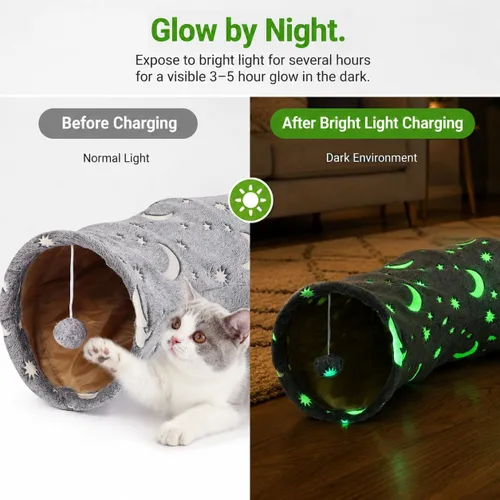 Vista 2 de Túnel Tubo para Gatos con Juguetes de Pelotas de Felpa Plegable Auto-Luminoso Fotoluminiscencia, para Mascotas Pequeñas Conejitos Conejos, Gatitos