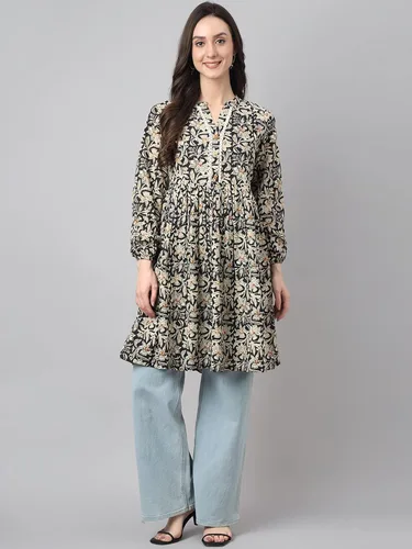 Vista 5 de Janasya Túnica acampanada con estampado floral de algodón negro para mujer india