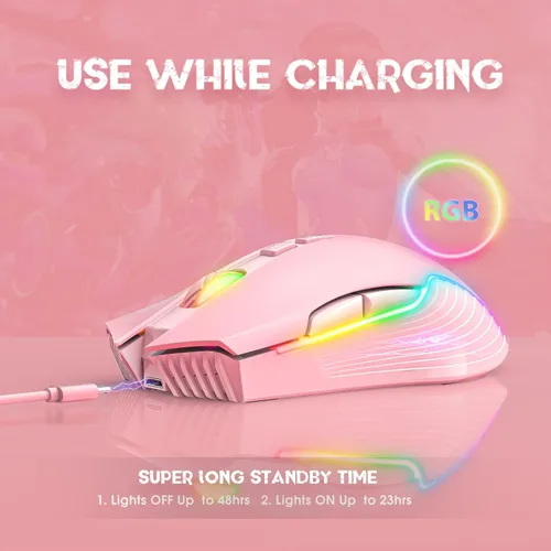 Vista 4 de SIMGAL Ratón inalámbrico RGB para juegos, rosa, recargable, diseño ergonómico, DPI ajustable, compatible con Windows, Mac