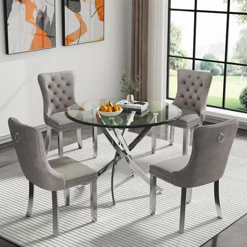 Vista 122 de Juego de mesa de comedor SSLine moderno de 3 piezas con mesa redonda de vidrio para 2, lujosa mesa de comedor circular de 36" con tapa de vidrio