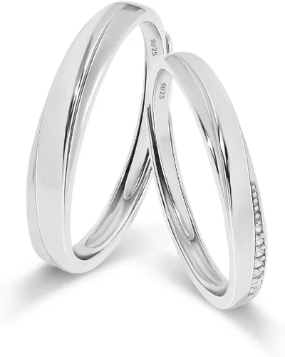 Vista 10 de Meissa 2 anillos de pareja para hombres y mujeres de plata de ley 925, anillos de boda anchos, tamaño ajustable, anillo de promesa a juego, anillos