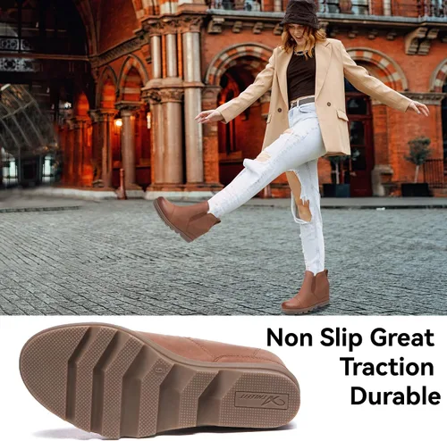 Vista 5 de Athlefit Botines de cuña para mujer, cómodos y sin cordones, de cuero, con plataforma