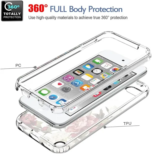 Vista 3 de Funda para iPod Touch 6/Touch 5/Touch 7 con protector de pantalla de vidrio templado, bonito patrón floral transparente, funda protectora de cuerpo