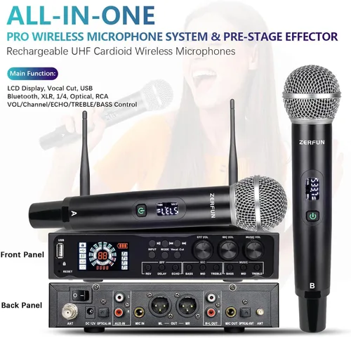 Vista 2 de Pro - Sistema de micrófono inalámbrico de 4 canales recargable y preefector, micrófonos inalámbricos de mano de metal UHF con pantalla LCD, corte