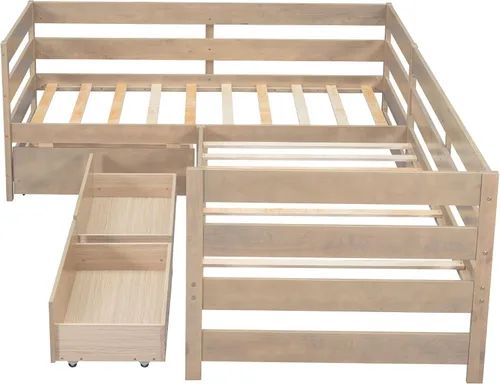 Vista 8 de Cama de plataforma de tamaño individual, cama individual en forma de L con tres cajones de almacenamiento, natural
