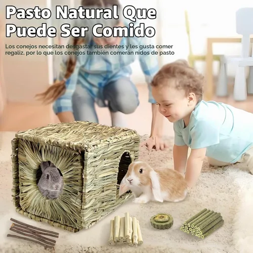 Vista 5 de Tfwadmx Rabbit Grass House - Cama de heno tejida a mano natural de hierba marina, juguete de cabaña escondida para conejito, hámster, conejillo