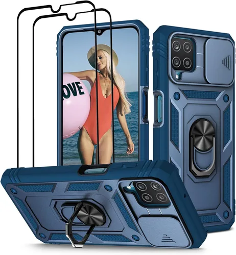Vista 10 de Jeylly Funda para Galaxy A12 con cubierta deslizante para cámara, protector de pantalla de vidrio templado, protección híbrida de policarbonato duro