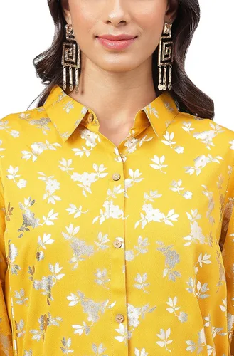 Vista 8 de Janasya Día de la Mujer Amarillo Crepe Foil Impreso Co-ord Set