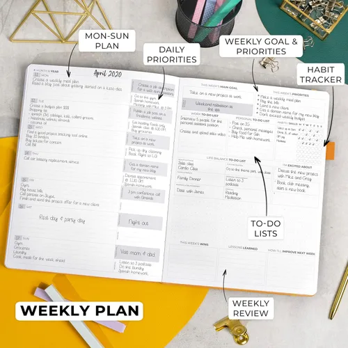 Vista 3 de Clever Fox Planner Pro Premium - Lujosa agenda semanal y mensual con organizador de presupuesto para productividad y objetivos, sin fecha, A4