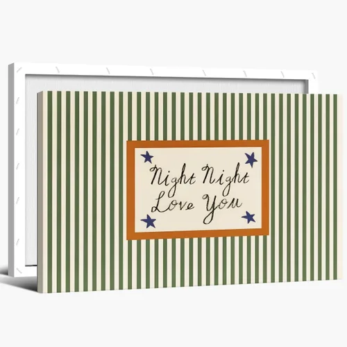 Vista 10 de Arte de pared moderno de mediados de siglo para guardería, impresión de paisaje retro a rayas con cita nocturna de amor, estilo vintage, póster
