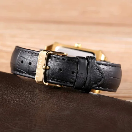 Vista 3 de BERNY Relojes cuadrados para hombre reloj de cuarzo rectangular calendario correa de cuero
