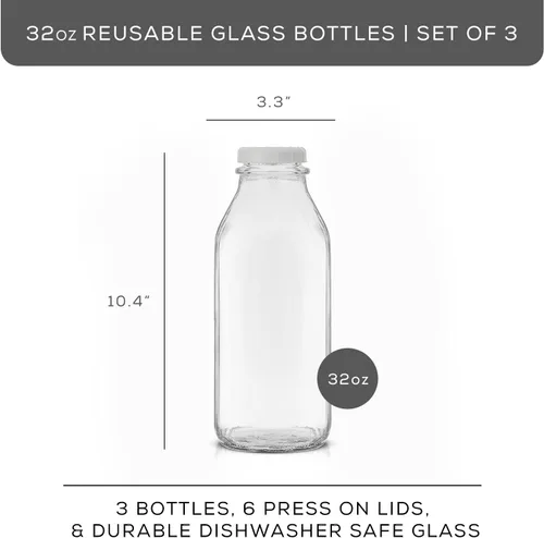 Vista 2 de JoyJolt Botellas de leche de vidrio con tapas y vertedor – 32 onzas, paquete de 3 botellas de vidrio reutilizables, herméticas, sin BPA, de grado