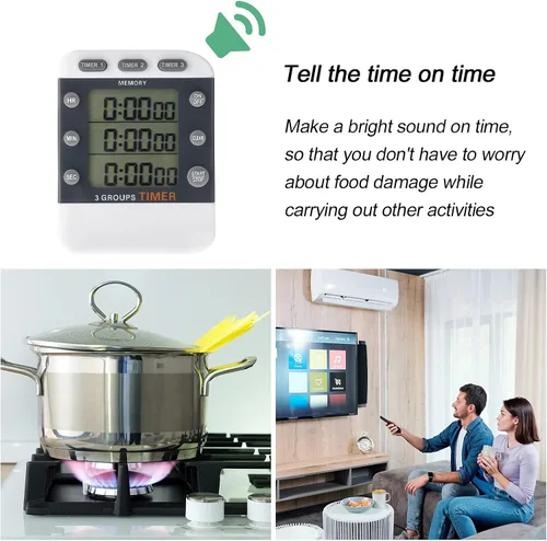Vista 4 de Photect Temporizador digital de cocina de 2 piezas, 3 canales, temporizador multitemporizador, alarma ajustable magnética, cuenta atrás, memoria
