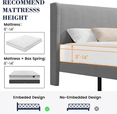 Vista 8 de Base de cama de tamaño matrimonial con cabecera tapizada, base de cama de plataforma de madera con 2 bolsillos de almacenamiento, respaldo de ala