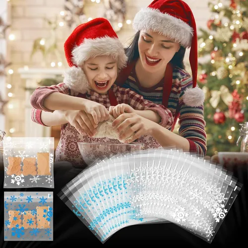 Vista 7 de Yinder 500 bolsas de invierno para galletas de invierno, bolsa de celofán con copos de nieve, bolsa de dulces autoadhesiva para suministros de Blanco
