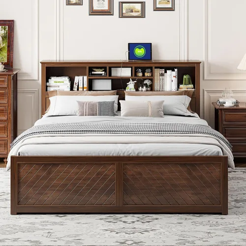 Vista 9 de Polibi Cama de plataforma de madera tamaño King con cabecera de almacenamiento múltiple, puertos y cajones de carga USB, plataforma