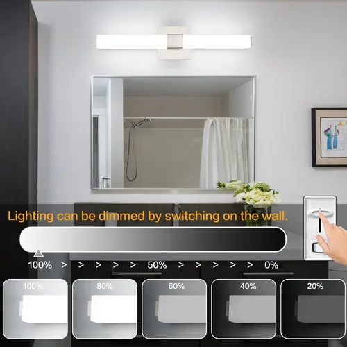 Vista 4 de Lámparas de baño de níquel cepillado: 24 pulgadas, regulable, moderna, minimalista, LED, a prueba de humedad, 5CCT