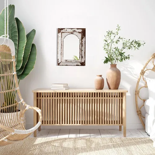 Vista 5 de Farmhouse - Espejos arqueados pequeños de 16 x 12 pulgadas, color blanco envejecido Hanging Rectangular Carved Wood Frame Entryway Mirror
