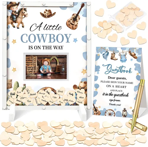 Vista 18 de Beeveer 65 piezas de libro de invitados para baby shower, libro de invitados azul para baby shower, libro de invitados con marco de fotos y 60 chips