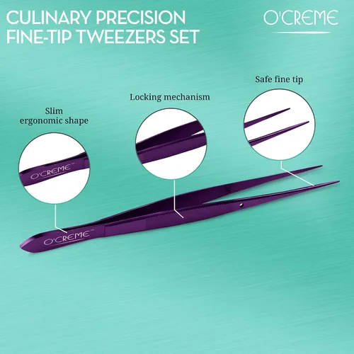 Vista 3 de O'Creme - Pinzas de cocina de acero inoxidable con punta fina Precision plating tongs in purple, 6.25 inches long — ideal for garnishing, plating