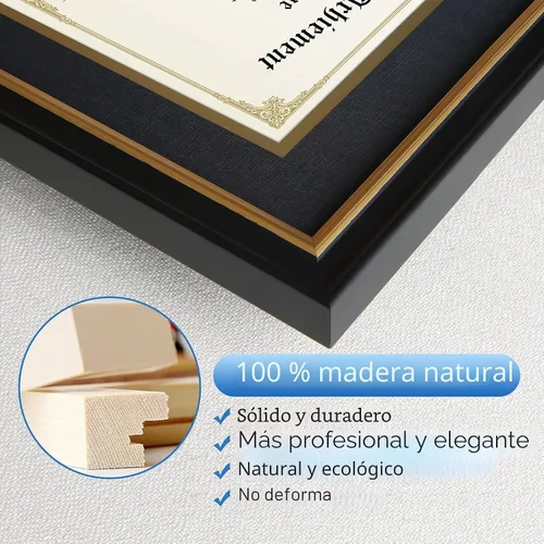 Vista 3 de Marco de diploma de 11 × 14 Marco de documentos de grado Negro y Estera dorada Vidrio templado, borde dorado, madera maciza, 8.5 x 11 pulgadas