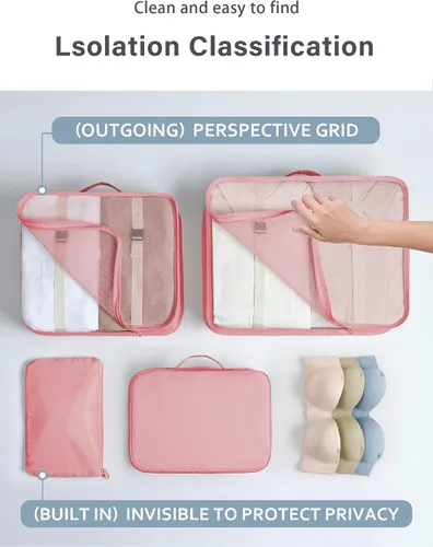 Vista 6 de Cubos de embalaje para viajes, 8 cubos de viaje, organizador de maletas plegable, bolsa de almacenamiento de equipaje ligera (color rosa).