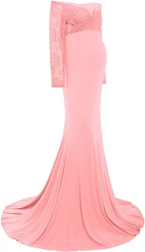 Vista 3 de Vestido de maternidad de manga larga con hombros descubiertos para mujer, para fotografía, baby shower con cinturón de flores para sesión de fotos
