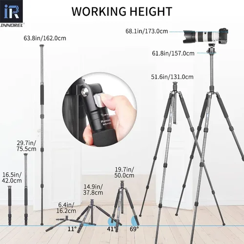 Vista 6 de Trípode INNOREL RT45C portátil de fibra de carbono de 10 capas sin cabeza esférica, trípode compacto y ligero para cámara DSLR, videocámara de video