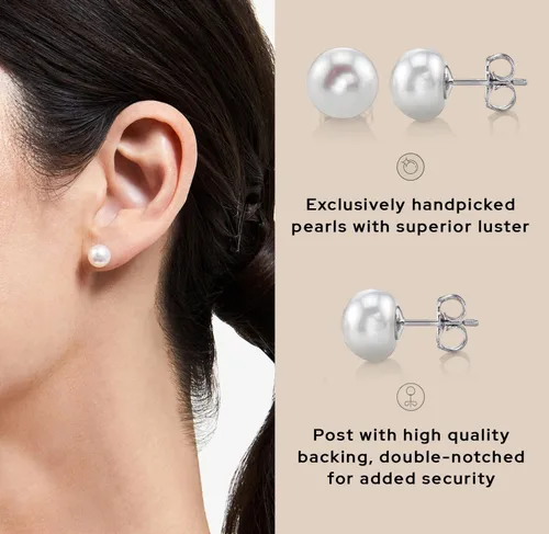 Vista 3 de Aretes con broche de plata de ley, con perlas botón blancas cultivadas en agua dulce.