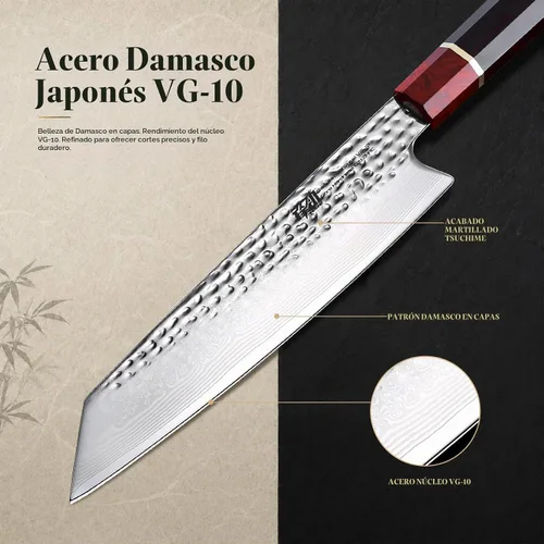 Vista 2 de FINDKING Cuchillo Kiritsuke Serie Prestige con Funda de Nogal, Hoja de Acero Damasco VG10 Japonés, Mango Octagonal de Madera de Ébano, Cuchillo