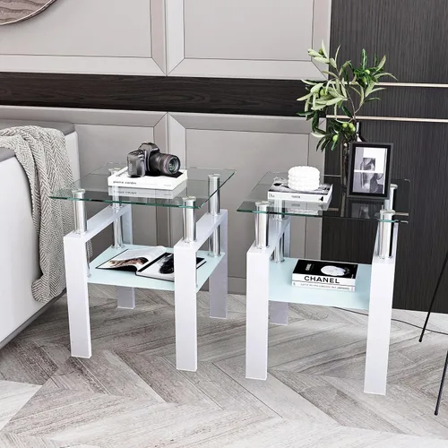 Vista 7 de Mesa auxiliar de vidrio moderna para sofá, mesa de centro pequeña, mesa de centro negra, mesa de sala de estar, mesita de noche cuadrada, muebles