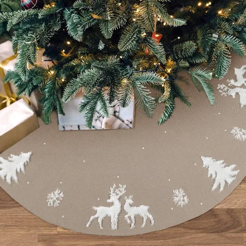 Vista 2 de Dremisland Falda de Árbol de Navidad, Falda de Árbol de Punto Trenzado Tejido Grueso Rústico para Decoración Navideña - Alce 3D y Árbol de Navidad