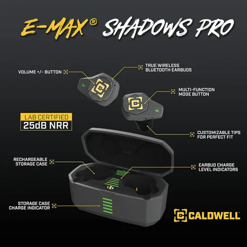 Vista 2 de Caldwell E-MAX Shadows Pro - Protección auditiva electrónica con amplificación de sonido ambiental, Bluetooth, funda recargable, para disparar