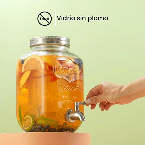 Vista 5 de Dispensador de bebidas de 1 galón. Dispensador de bebidas de vidrio con espita de acero inoxidable más cilindro de hielo e infusor de frutas.