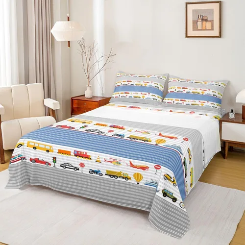 Vista 25 de Erosebridal Juego de sábanas de automóvil de dibujos animados para niños, juego de ropa de cama de camiones, tamaño individual, sábana bajera