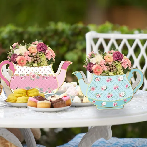 Vista 2 de 8 piezas de decoración de fiesta de té, cajas de centro de mesa de tetera floral para fiesta de cumpleaños de princesa, decoración de mesa temática
