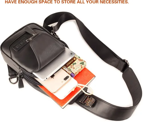 Vista 4 de Bolso bandolera de cuero para hombre bolso de pecho bolso de mensajero bolso de hombro pequeño Negro - Viajar