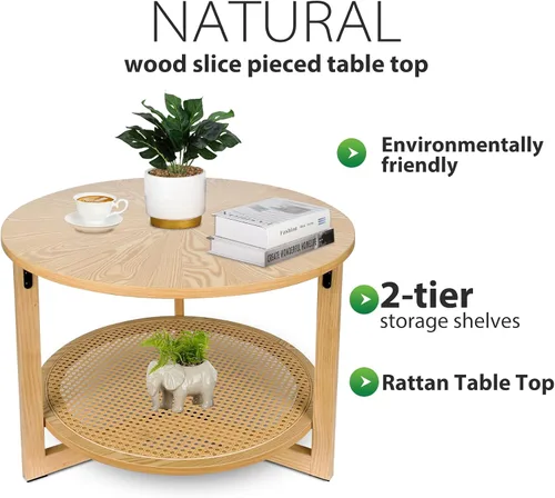 Vista 5 de ZYBT Mesas de centro de ratán para sala de estar, mesa de centro pequeña para espacios pequeños, mesa de centro redonda con almacenamiento, mesa