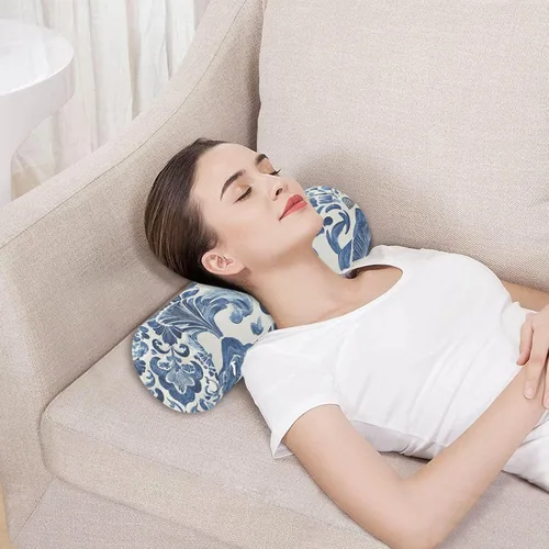 Vista 5 de Kigai Cervical Pillow for Neck Pain Relief Blue and White Pattern Neck Roll Memory Foam Pillow Round Cervical Bolster Pillow for Legs Bed Head Back