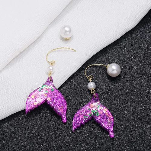 Vista 6 de Pendientes de cola de sirena con lentejuelas fantasía océano luz pendientes púrpura cola de pescado pendientes borla pendientes creativo gancho
