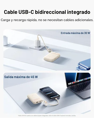 Vista 6 de Baseus Cargador portátil compacto de 20000 mAh de 45 W, banco de energía certificado CCC cables USB-C integrados, paquete de batería de carga rápida
