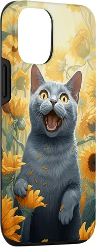 Vista 3 de iPhone 14 divertido gato ruso azul cara con girasol pintura caso